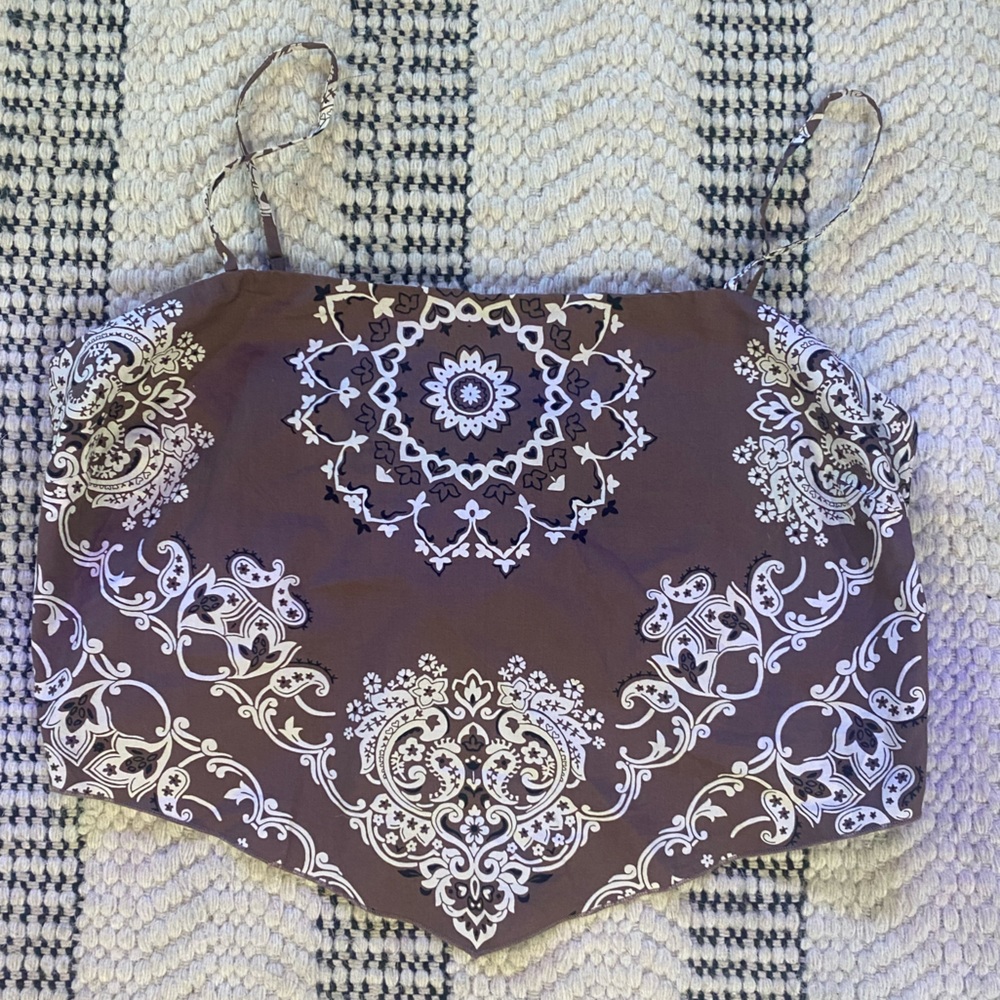 American Eagle Outfitters Brown and White Patterned Bandana Top